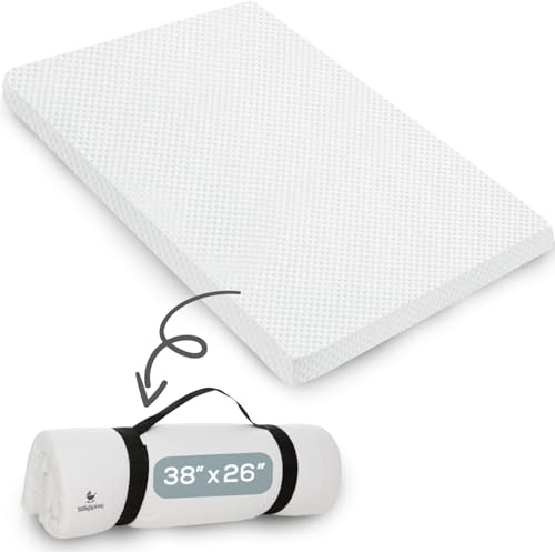 Babylicious Waterproof Pack and Play Mattress Pad - 38 x 26 | Roll Up Style - Breathable Soft Memory Foam - Portable Mattress Topper- Baby Foam Mattresses for Babies - Includes Easy Carry Buckle