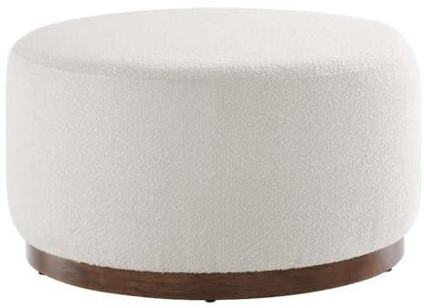 Modway Tilden 29 Inch Round Boucle Upholstered Ottoman in Cloud Walnut - Round Ottoman Coffee Table for Living Room - Large Ottoman Foot Rest with Rubberwood Plinth Base