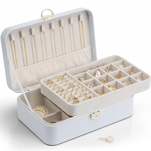 Vlando Jewelry Box Organizer for Women Girl,Lockable Jewelry Case Boxes with 2 Layers,Earrings Necklace,Rings Storage,Gift Box Packaging,Wedding Birthday Gifts Ideas Blue