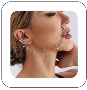 Atentuyi Boho Nasenring Kette Zum Ohr Silber Baumeln Nase Hoop Punk Septum Kristall Nase Kein Piercing Cz Tropfen Quaste Hohlen Runden Manschette Ohrringe Schmuck Für Frauen Und Mädchen