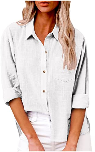 Womens Tops Clearance Womens Button Down Shirt Casual Cotton Linen Shirts Long Sleeve Dress Shirts Ladies Tops Loose Fit Dressy Pullover Blouse Office Work Blouses Tops with Pocket