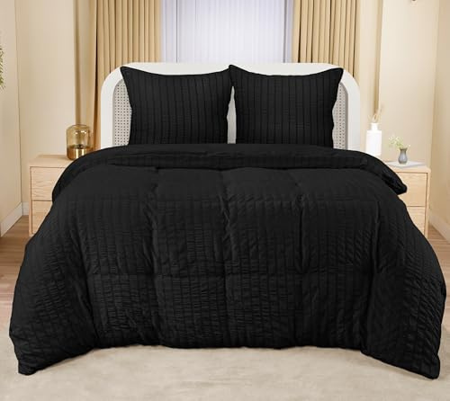 Utopia Bedding Seersucker Påslakanset - Mjukt Påslakan av Polyester med Mikrofiber 240x260 cm Med 2 Örngott 65x65 cm - Svart