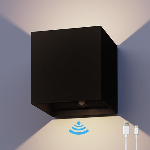 CALEX Volterra Wandleuchte, für Außen & Innen, warmweißes Up & Down Licht, Akku aufladbar mit USB-C, kabellos, Bewegungsmelder, wasserdicht, Schwarz