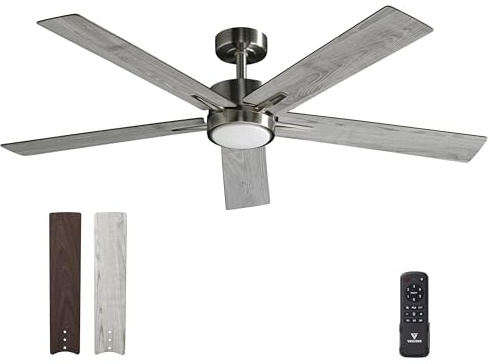 Vagizm 52 Inch Ceiling Fan Brushed Nickel Remote Controlled Dimmable Light Combo - Quiet Reversible - 5 Grey Blades