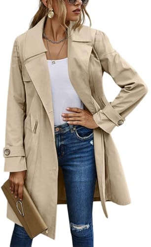 Onsoyours Trench Donna Primaverile Giacca Lungo Cappotto Elegante Classico Antivento Giacca Autunnale Trenchcoat con Risvolto A Cachi XL