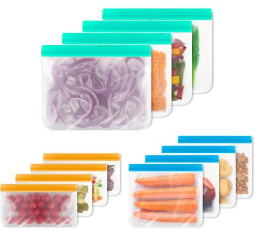 Sacchetti riutilizzabili con chiusura lampo, confezione da 12 sacchetti per alimenti, sacchetti riutilizzabili per congelatore, a prova di perdite, contenitore ermetico per mantenere il pranzo,