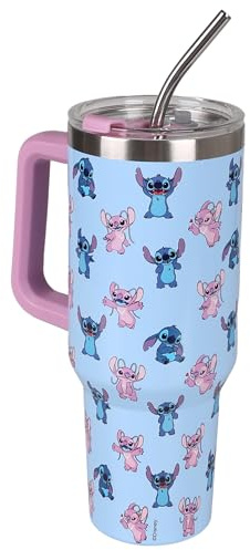 Disney Stitch and Angel Grand mug thermique avec couvercle et paille en métal, acier inoxydable, mug de voyage (Bleu-rose)