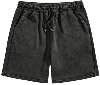 OYOANGLE Men's Vintage Washed Shorts Straight Leg Drawstring Elastic Waist Going Out Shorts Streetwear Black Small