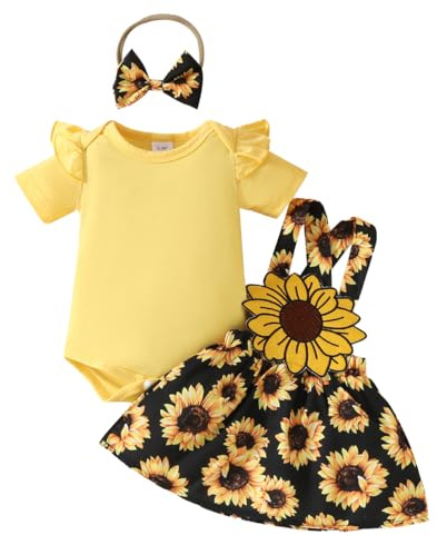 LUVCES Neonata Gonne Set Maniche Corte con Volant Pagliaccetto Top + Tuta Stampata Abito con Bretelle +Fascia per Capelli Set di Abiti Estivi Completo Girasole giallo 0-3 Mesi