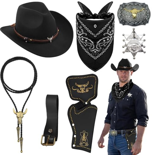 Saier tbo 8 Stück Cowboy Kostüm Zubehör Set, Deluxe Western Cowboy Outfit Kit mit Brauner Hut Paisley Bandana Holster Gürtel Boloschnalle Krawatte Halskette Sheriff Abzeichen für Herren Cosplay Party