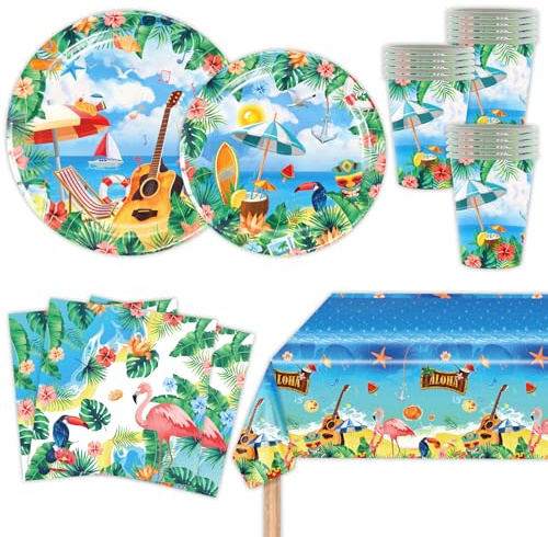 MORAINJAY 51 Pcs Hawaiian Luau Party Decorations, Tropical Tableware Set, Hibiscus Paper Plates, Cups, Napkins, Aloha Summer Beach Party Supplies (10 Guests)