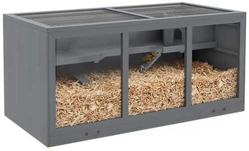 PawHut Hamsterkäfig aus Holz 3 Etagen Nagerkäfig mit reinigbar Ablage Kleintierkäfig mit klappbarem Deckel Treppen Holzkäfig Käfig für Hamster Zwerghamster 115 x 57 x 55 cm Grau
