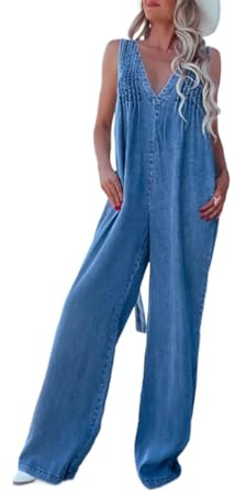 SaiDeng Salopette da donna in denim, con tasche, schiena scoperta e senza maniche, con scollo a V, in cotone, oversize, look baggy, blu jeans, XL