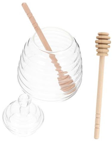 HOLIDYOYO Glass Honey Pot Lid and Stirring Rods Large Honey Dispenser Jar for Kitchen Storage and Syrup Holder Set 1 Jar and 2 Dippers