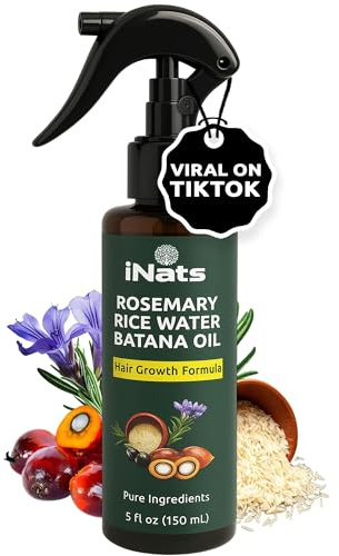 iNats Rosemary Water Spray for Hair Growth w/Rice Water, Biotin, Batana & Peppermint Oil – Non-Sticky Organic Hair Growth Spray to Control Hair fall & Strengthen Strands - For Men & Women – 5 fl oz