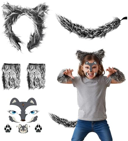 Wolfskostüm-Zubehör-Set, Wolfsohren, Handschuhe, Wölfe, Schwanz, Wölfe, Gesicht, Aufkleber, Kostüme für Kinder und Erwachsene, süßes Tierkostüm für Welttag des Buches, Halloween, Cosplay, Kostümparty