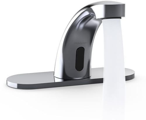 PRIMSOPH Automatic Motion Sensor Hands Free Electronic Infrared Smart Commercial Touchless Bathroom Sink Faucet with Cover Plate Temperature Mixer Battery or Plug-in Powered Chrome