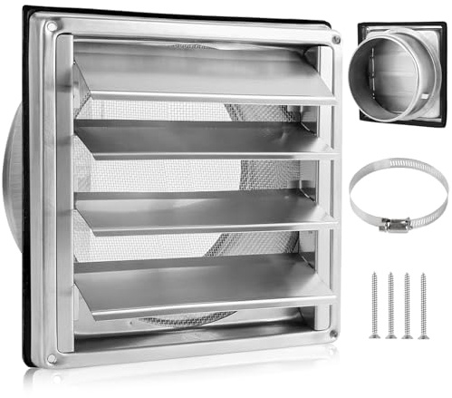 Grille d'Aération en Acier Inoxydable 150mm Grille de Ventilation Carrée | avec Moustiquaire Clapet Anti-Retour pour Sortie d'air Hottes Ventilations Conduits d'Échappement