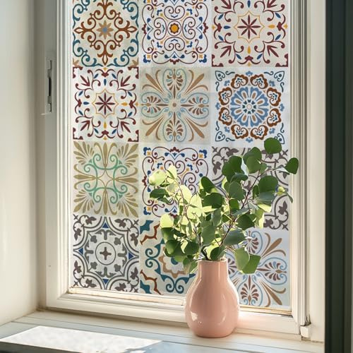 Alwayspon 43 x 120 cm, nicht klebende Buntglas-UV-Regenbogen-Fensterfolie, Vinyl, statisch haftende Fensteraufkleber, abnehmbare Sichtschutzfolie für Glasfenster, Türdekoration, braune, blaue