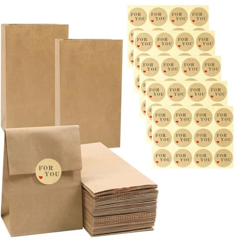 50 Pcs Brown Paper Bags 5.5x9x18cm Kraft Paper Lunch Bags Paper Sandwich Bags Brown Gift Pouches with 60 Pcs FOR YOU Stickers Bulk Durable Bag for Sandwich Bread Gift Wrapping, Food, Party Favor