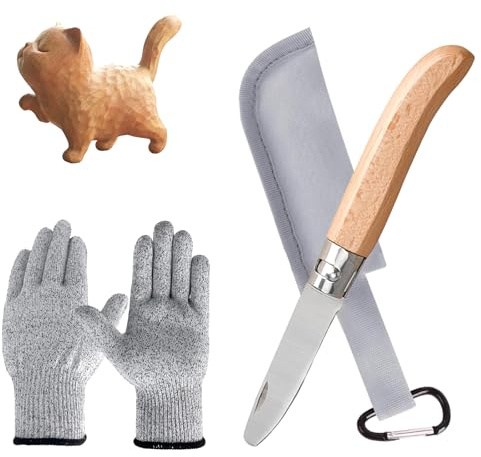 yolzhxe Cuchillo de Tallado para Niños con Cierre de Seguridad, Kit de Tallado de Madera con Funda para Cuchillo y Guantes Resistentes a Cortes Apto para Niños a Partir de 6 Años