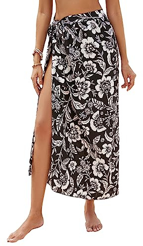 HINAYOSAN Strand-Sarong-Pareo för kvinnor lång blommigt tryck baddräkt täckande ledig chiffong-sida slips wrap kjol för badkläder långa strand-wrap kjolar för kvinnor