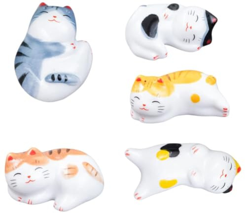 Animal Series Ceramic Utensil Rests Set of 5, Cute Cat Design Chopstick Spoon Fork Holders, Japanese Style Kitchen Organizer Home Decor