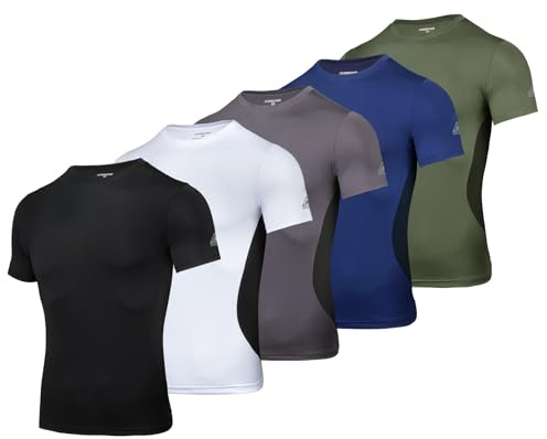 AMZSPORT 5 Pezzi Maglietta a Compressione da Uomo, a Maniche Corte, Funzionale, Cool Dry, per Allenamento e Corsa,Multicolore XL