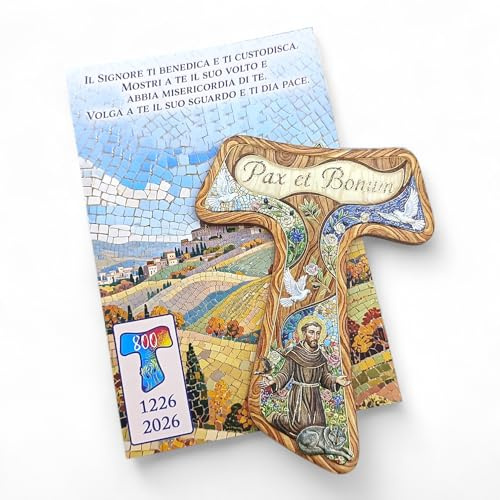 OVUNQUE PROTEGGIMI Crucifijo Cruz Tau de San Francisco de 14,5 cm, pequeña cruz Tau para colgar, crucifijo de pared con bendición de la familia