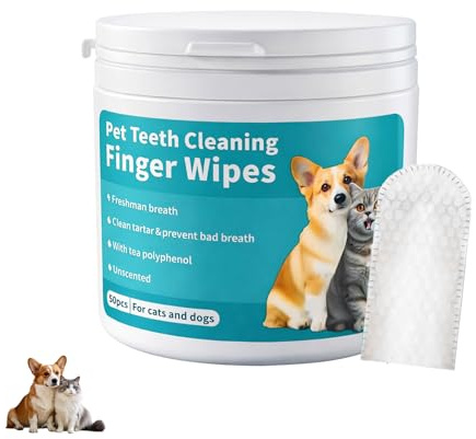 Elarie Natural Pet Dental Finger Wipes, 50 Pcs Cat & Dog Teeth Cleaning Wipes, Plaque Tartar Remover, Bad Breath Freshener