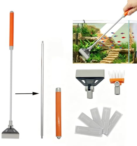 Algenschaber Aquariumschaber,Aquarium Reinigungswerkzeuge 2 in 1 Reiniger | Algenschaber,49cm Aquarien Reinigung Werkzeug mit Abnehmbarer Stange,Kiesbesen,Rohrbürste,mit 5 Klingen,für Glas Fischbecken