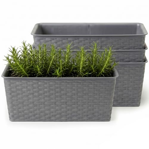 Lizzy 4 Pack Rattan Rectangle Planter Box Large Trough Flower Pot Indoor Outdoor Window Box Herb Vegetable Planter Balcony Garden Container Durable Plastic Woven Design - Light Grey