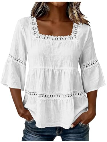 Tops Blusas Camisas Mujer Lino Algodón Color Sólido Manga Corta Cuello V Cuello Cuadrado Encaje Boho Casual Elegante Verano Primavera Holgado Transpirable Playa Vacaciones