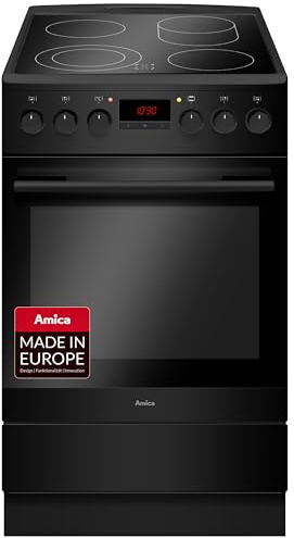 Amica Standherd 50 cm 65 L Glaskeramik Schwarz Matt SHC 11503 SM | 11 Backofenfunktionen, HiLight Kochzonen, SensorControl Timer, SteamClean, EasyClean, Erweiterbare Zone, Versenkknebel