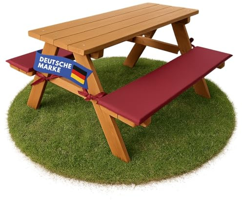 Coemo Robuste Kinder-Sitzgarnitur Outdoor mit 2 Polster Picknicktisch Kindersitzgruppe Kindertisch für Garten und Balkon Spieltisch Gartentisch Holz (Rotbraun, 89x79x50cm)