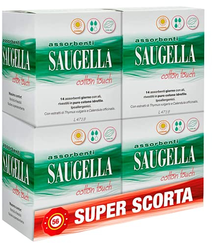 SAUGELLA Cotton Touch Damenbinden mit Flügeln, hypoallergen, antibakteriell, geruchshemmend und beruhigend, hohe Saugfähigkeit, 4 Packungen mit 14 Stück