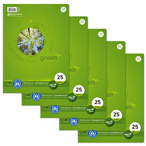 Staufen Green Collegeblock - DIN A4, Lineatur 25 (9mm liniert mit Rand), 80 Blatt, 4-fach Lochung, premiumweißes 70g/m² Recyclingpapier, 5 Stück