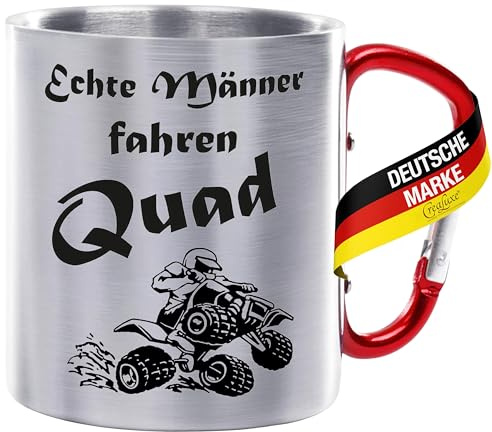 Crealuxe Edelstahltasse mit Karabiner - Echte Männer fahren Quad - 330ml, Tasse bedruckt, Kaffeetasse, Bürotasse, Metalltasse mit Name, Quadzubehör