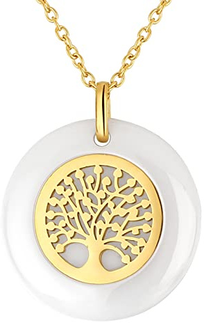 Flongo Collier Pendentif pour Femme Arbre de Vie Creux Céramique Exquis Acier Inoxydable Cadeaux pour Nouvel an Noël