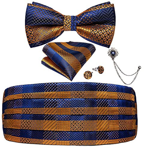 YANYUESHOP Pink Solid Herren Kummerbund Fliege Einstecktuch Manschettenknöpfe Set Herren Smoking Anzug Zubehör Elastische Gürtel for Herren (Color : Orange Blue Striped, Size : One Size)