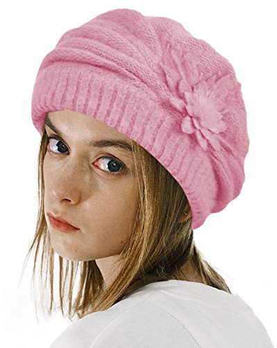 Womens Knitting French Beret Artist Painter Cap Winter Fleece Lined Beanie Hat (Peach)