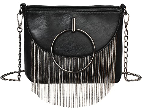 MEGAUK Mini Nieten Handtasche Kette Fransen Umhängetasche Cross Body Taschen Elegante Kettentasche Punk Clutch Bag Abendtasche mit Kette Riemen (Schwarz)