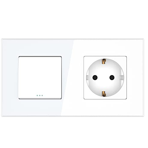 PULSAR Steckdose/Kreuzschalter Unterputz 2-Fach Weiß Glas, 16A | Steckdose mit Kreuzschalter 2-Fach Glas - Lichtschalter Unterputz mit Schutzkontakt-Steckdose 16A 250V Weiß