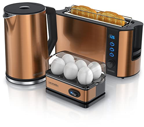 Ensembles Bouilloire et grille-pain et cuiseur à oeufs Bouilloire en inox 1,5L 40°-100°C, Grille-pain 2 Tranches Ecran LED 6 niveaux de brunissage Cuiseur à oeufs 1-6 oeufs, Verre doseur, cuivre