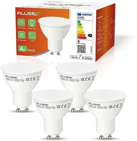 ALUSSO LIGHTING Ampoule GU10 LED Blanc Chaud 7W, Remplace les Lampes Halogènes 70W, Ampoules 560 Lumens, Angle d'éclairage 120°, Spot sans Scintillement, Ampoule à réflecteur Non-Dimmables, Lot de 4