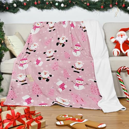 Weihnachten Kuscheldecke Rosa Flanell Vlies Decke Urlaub Decken Geschenke Niedliche Schneemänner Weihnachtsmann Weihnachtsbaum Drucke für Couch Christmas Fleecedecke für Kinder, 130cmx152cm