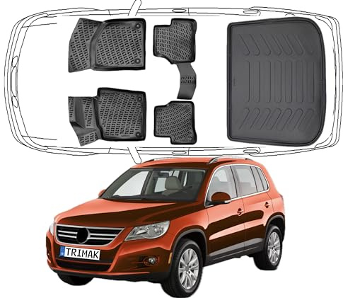 Trimak 3D Fussmatten & Kofferraumwanne für VW Tiguan 1.Gen 2007-2015 | Gummimatten & Kofferraummatte aus TPE Gummi, Passgenau, Wasserdicht, Hoher Rand, Rutschfest, Leicht zu Reinigen