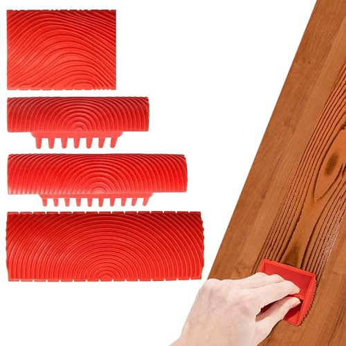 Uwiyo 4 Pièces Outil de Grain de Bois de Caoutchouc, Outil de Peinture en Caoutchouc pour Peinture Murale Rouleau Peinture Effet Bois pour Mur, Meuble, Porte, Cadre de Fenêtre