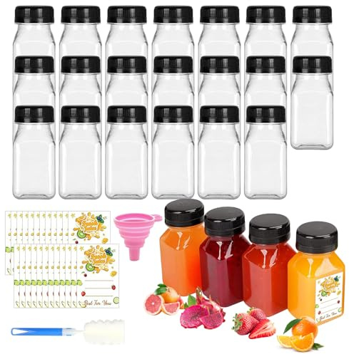 SUNOYA Mini Botellas Plastico 24 Piezas, Botella Pequeños conTapa 120ml con Embudo, Pincel y Etiquetas, para Jugos Caseros Ginger Shots, Vino, Regalitos Boda