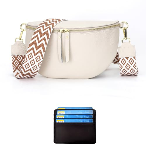 RQJZ Echtleder Bauchtasche Damen umhängetasche Damen mittelgroß Crossbody Bag Damen Fanny Pack hip Bag Damen gürteltasche Damen 5cm breiter Gurt Beige
